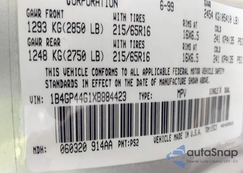 1999 Dodge Grand Caravan Se из США, поврежденный, VIN 1B4GP44G1XB884423